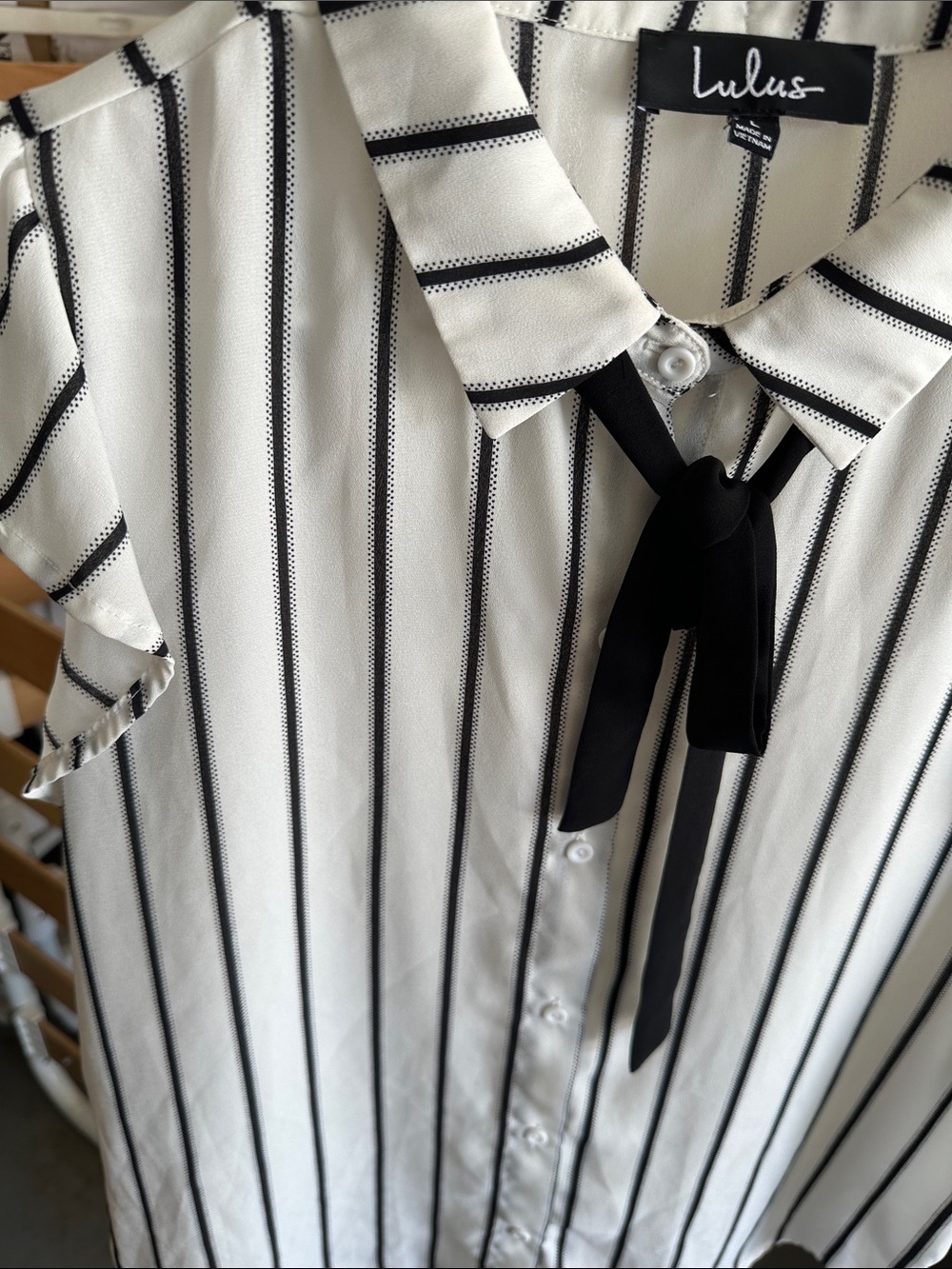 Lulu's Black & White Striped Tie-Neck Ruffle Sleeve Blouse - Picture 6 of 7